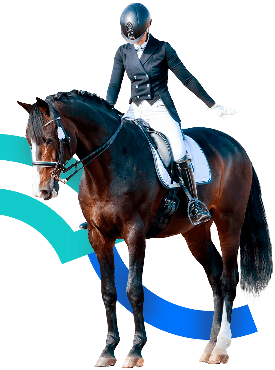 In the second picture, there is a frontal shot of a female jockey riding a horse. The pose is of a competition. The jockey has a skull cap, a red jacket and a white equestrian pair of pants.