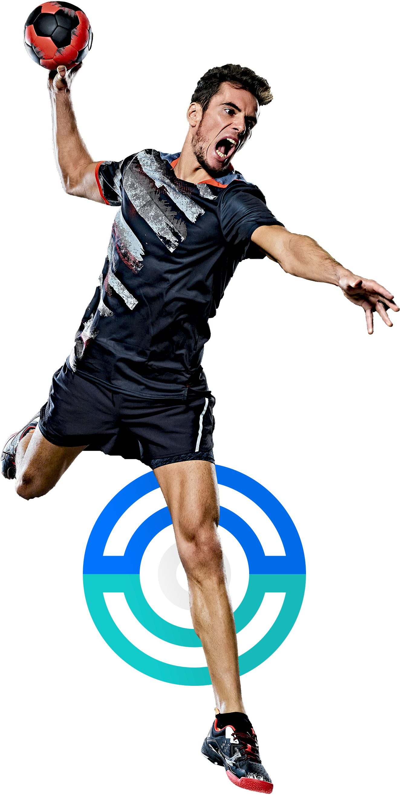 In the picture, a male handball player, holds a ball with their hands to throw it.