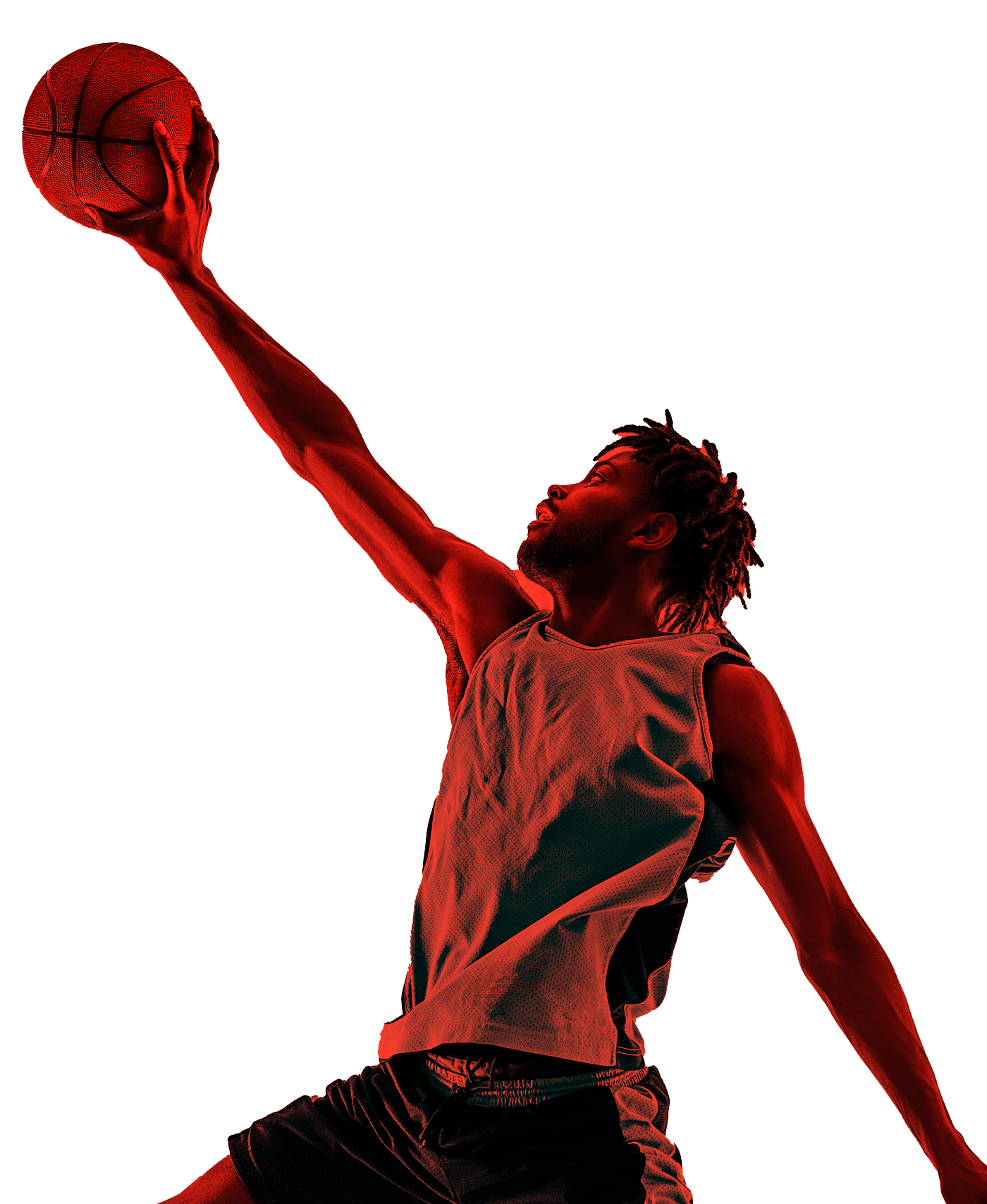 In the picture, a male basketball player extends one of their arms holding the ball to score a basket.