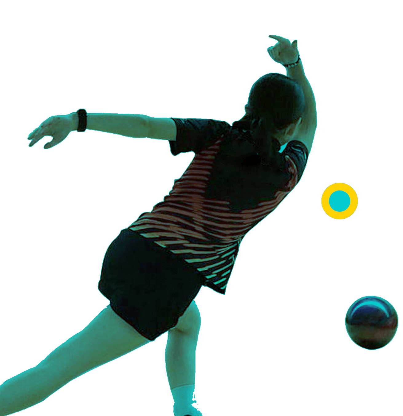 In the picture, a female player is tilted and throwing the bowling ball.