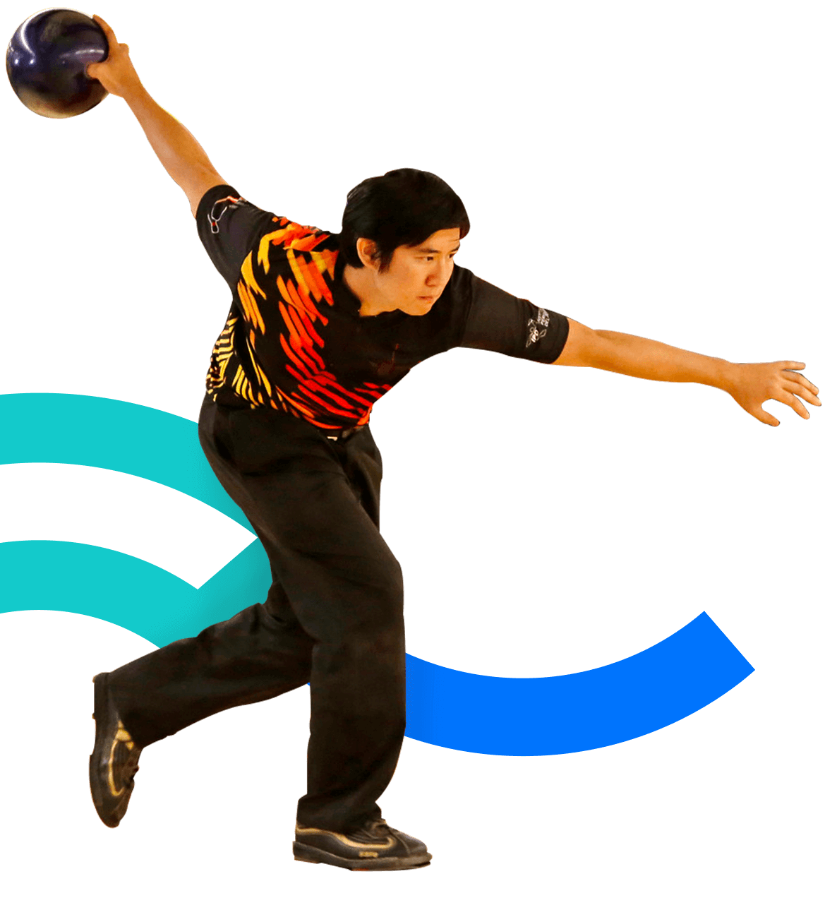 In the picture, a male player is tilting holding a bowling ball. He is throwing it.