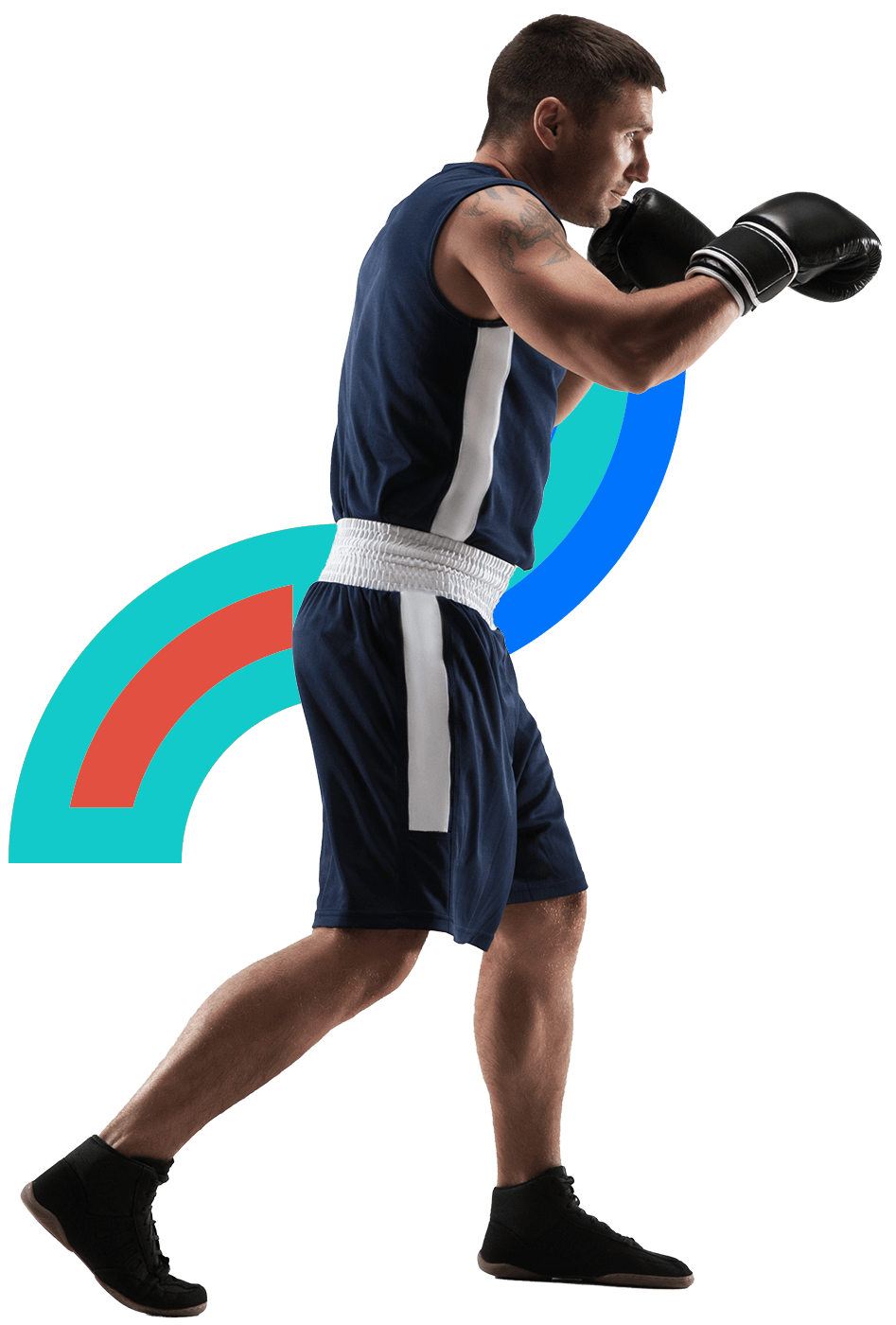 En la foto, un boxeador a en plano completo. Viste un uniforme azul, con líneas blancas. Sus guantes son negros y mira al frente, como si atacara a un contrincante. 