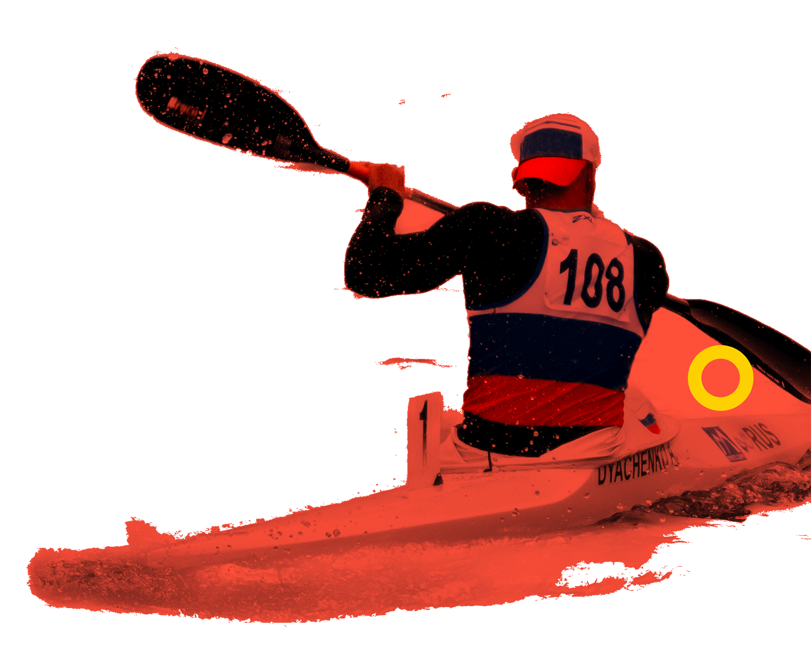 En la foto, se aprecia a un atleta sobre un kayak. Va de espaldas y tripula con una pala de dos hojas. 