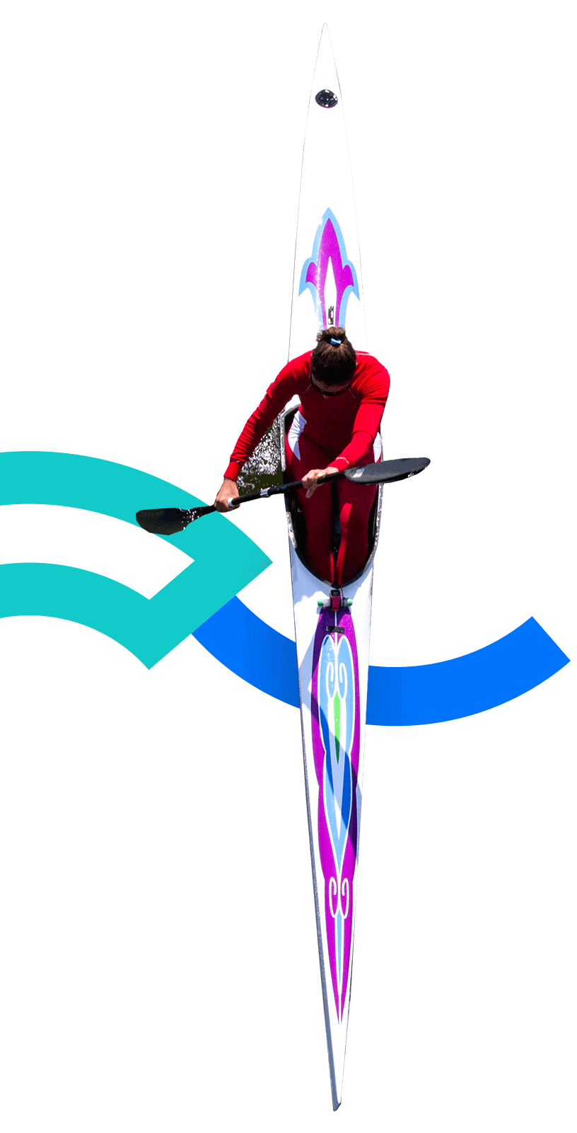 In the picture, there is an aerial view of a female athlete sitting on a kayak. She is wearing red and is holding a two blade paddle. 