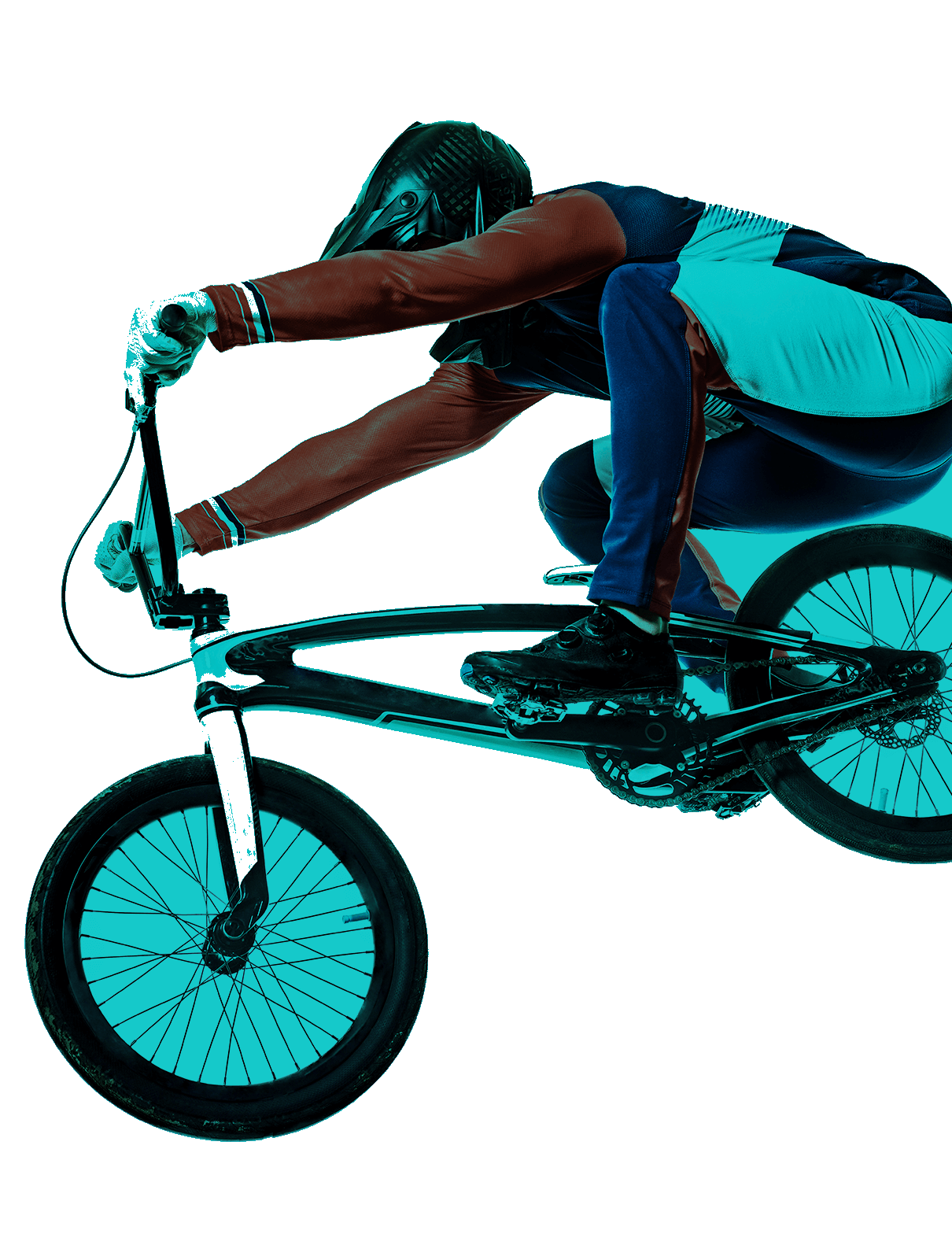 In the picture, a male cyclists drives a BMX. He is wearing a red, blue and white uniform, apart from the helmet.