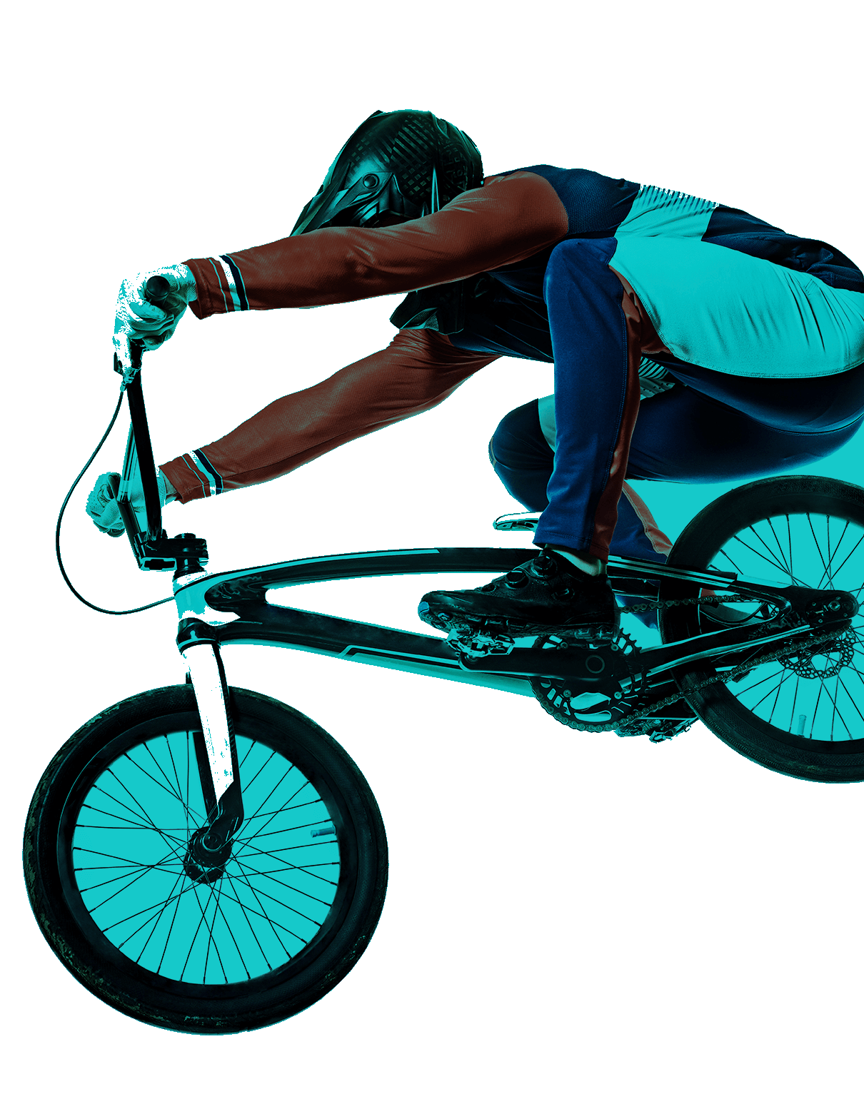En la foto, un ciclista conduce una BMX. Lleva un uniforme rojo, azul y blanco, además de casco. 