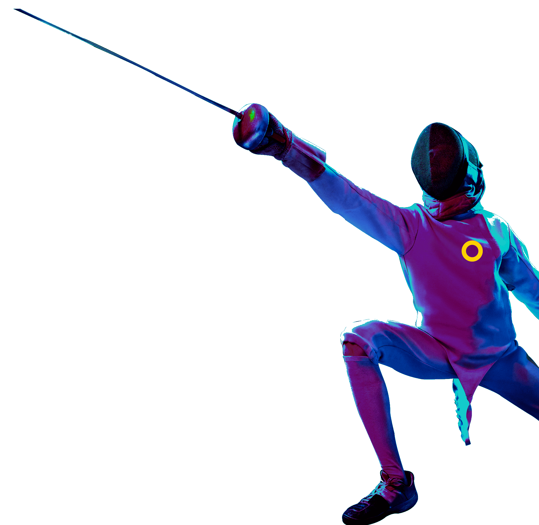 In the picture, a fencer is tilting and extending one of her arms and his weapon. He is wearing a mask, a jacket and white pants, apart from gloves.