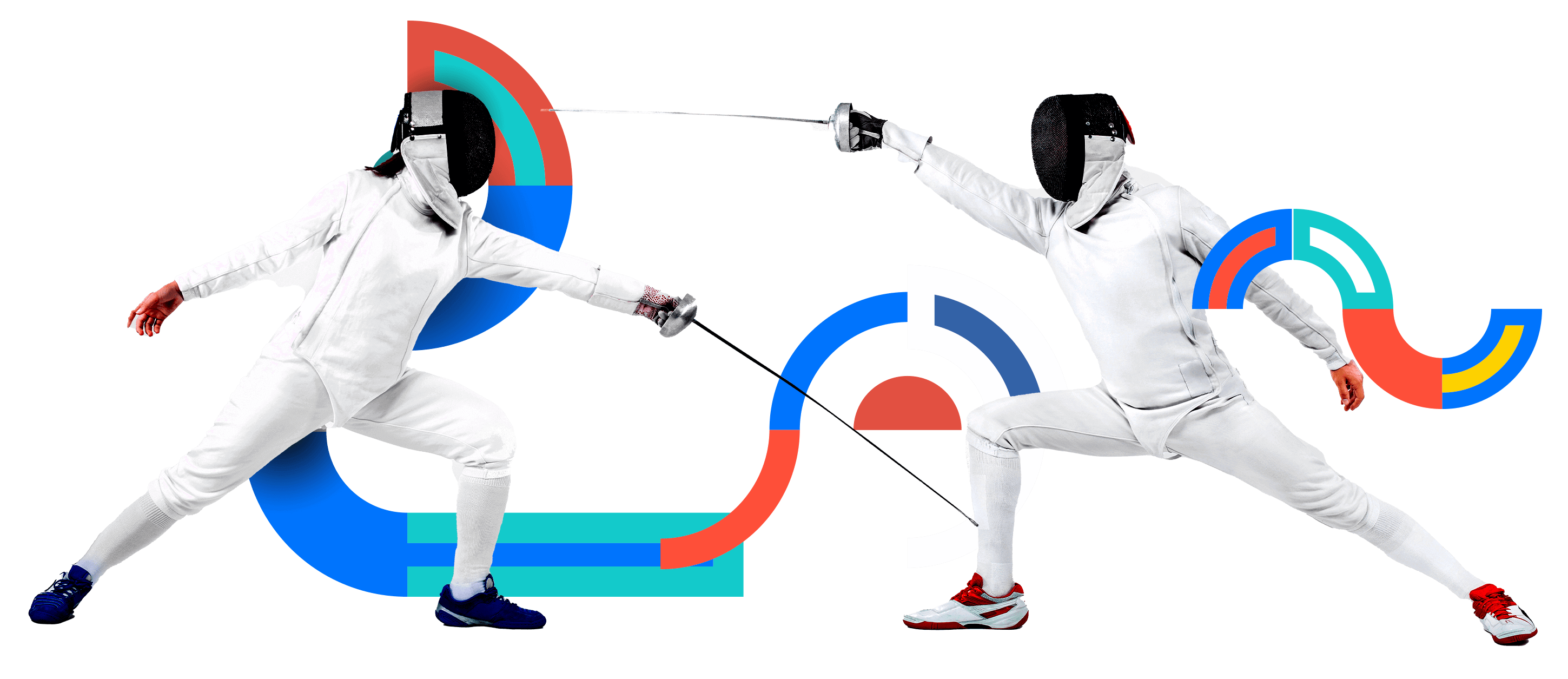 In the picture, two fencers are competing against each other. One is attacking the legs of the opponent and the other the top parts of the body. Both are wearing masks, jackets, pants and gloves.