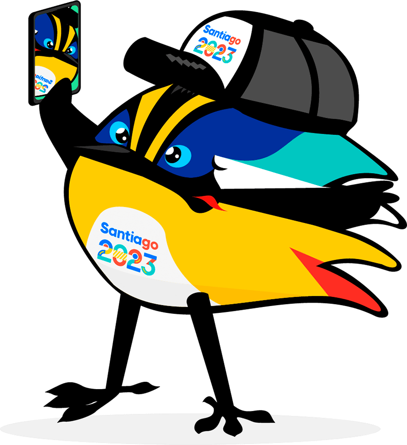 Fiu también ama tomar fotos y sacase una selfi. Aparece con un celular en su mano y la cámara dirigiéndose a su cara para tomar una foto, con una cara divertida, sacando la lengua hacia el lado y un jockey con el logo de Santiago 2023.  