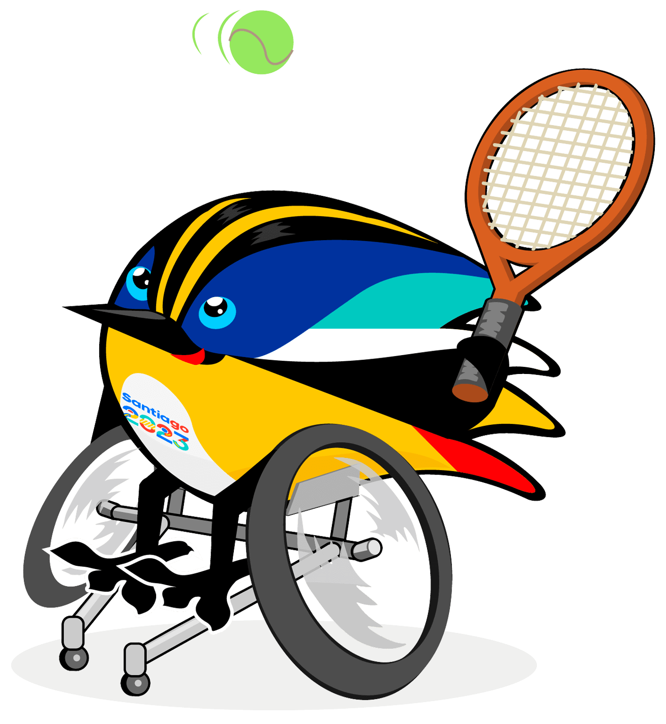 Fiu practica tenis en silla de ruedas, con una de sus alas toma una raqueta y con la otra mueve su silla. Sus ojos se dirigen a una pelota de tenis y se muestra muy concentrado para practicar este deporte. 