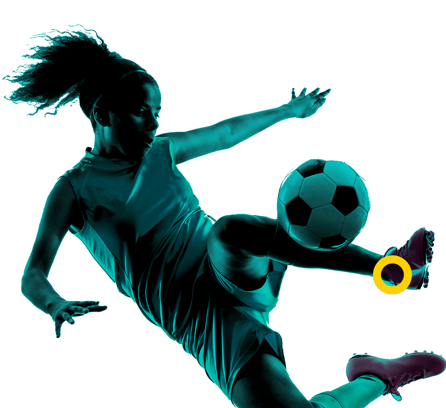 In the picture, a female football player kicks a ball. She jumps and bends to shoot.