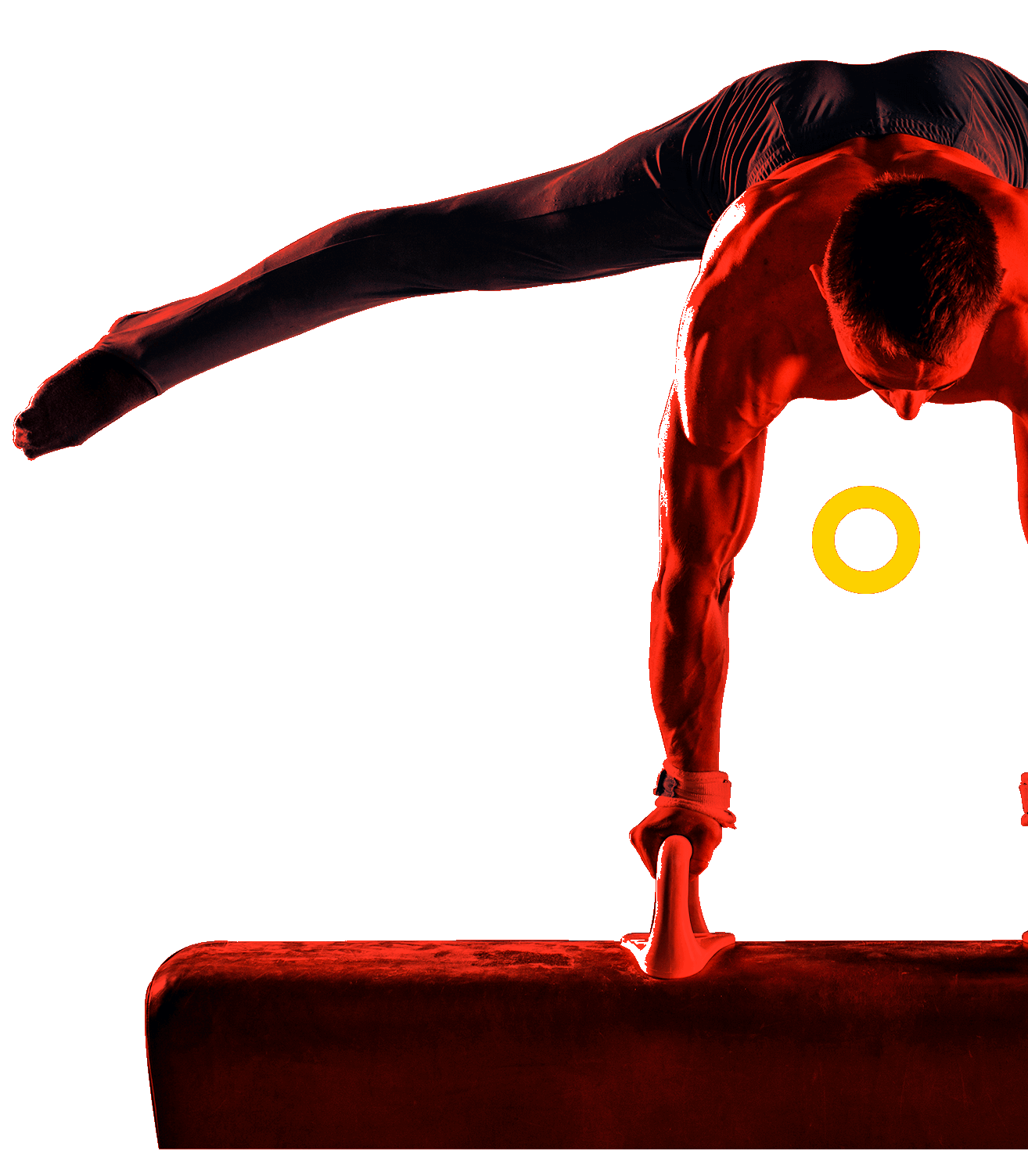 In the picture, a male gymnast executes his routine on the pommel horse. He is supported by his arms.