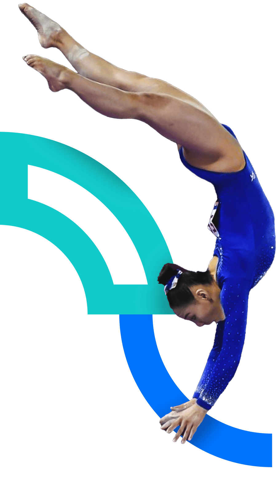 In the picture, the body of a female gymnast that is jumping can be seen. She is wearing a blue uniform. Her legs are extended and her hand in position of holding a device of the discipline. 