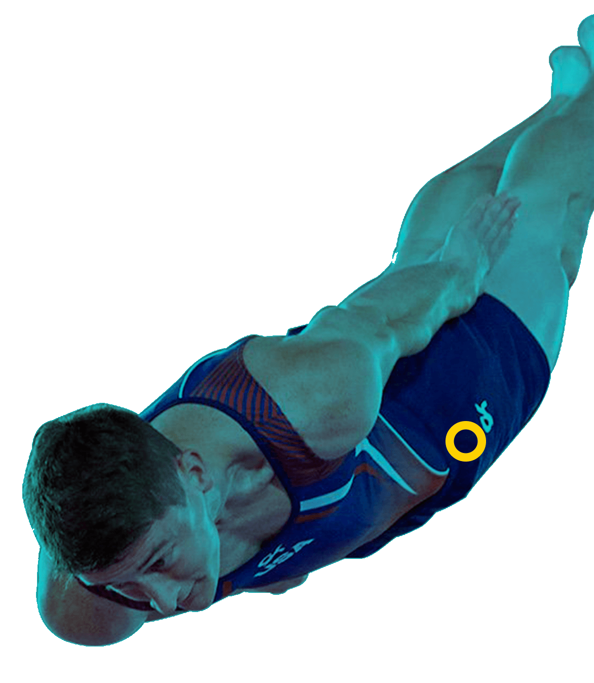 In the picture, a male gymnast, high jumps with his body extended.