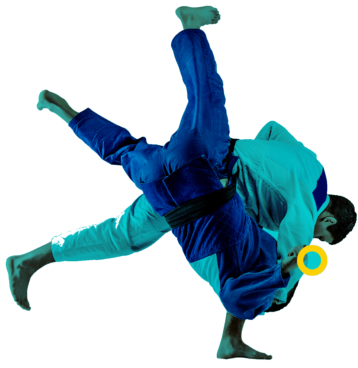 En la foto, se ve a un judoka realizando una manionbra de esta disciplina a un contrincante que lo hace caer al piso. 