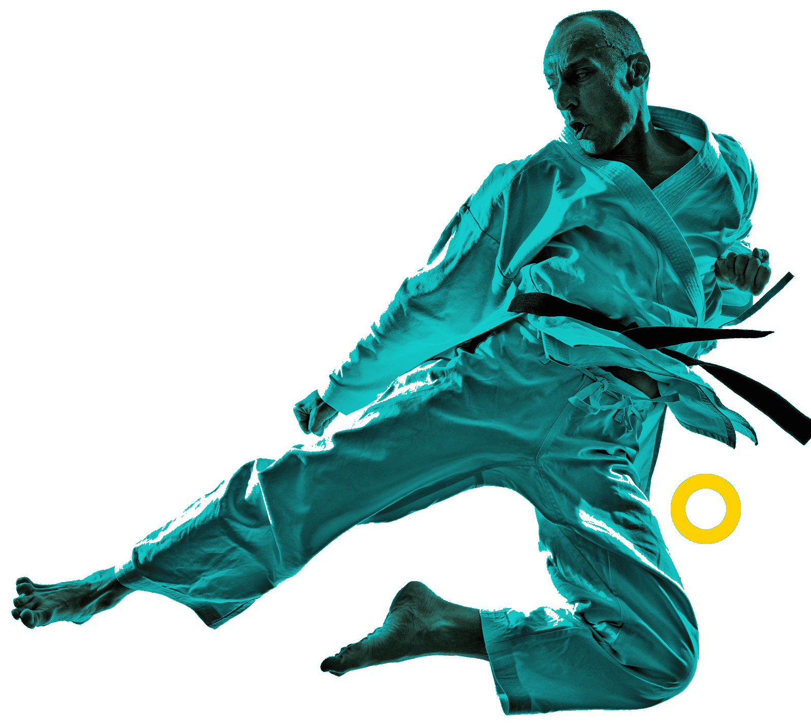 En la foto un karateka dando una patada voladora.