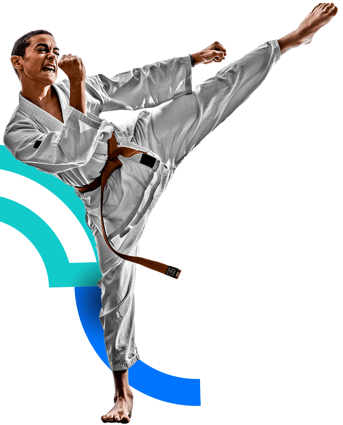 In the picture, there is a male karateka making a high kick.