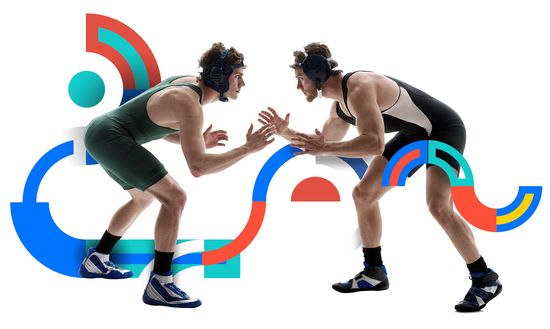 In the picture, there are two wrestlers in position to start a combat.