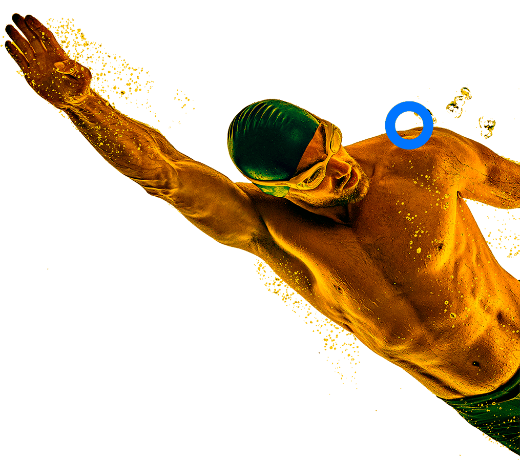 In the picture, a male swimmer with the arm extended.