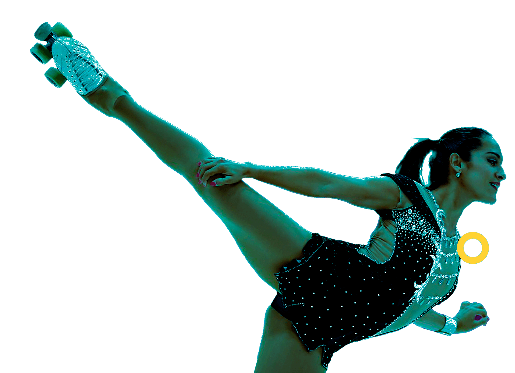 En la foto, una patinadora apoyada en una pierna con la otra levantada y su brazo también.