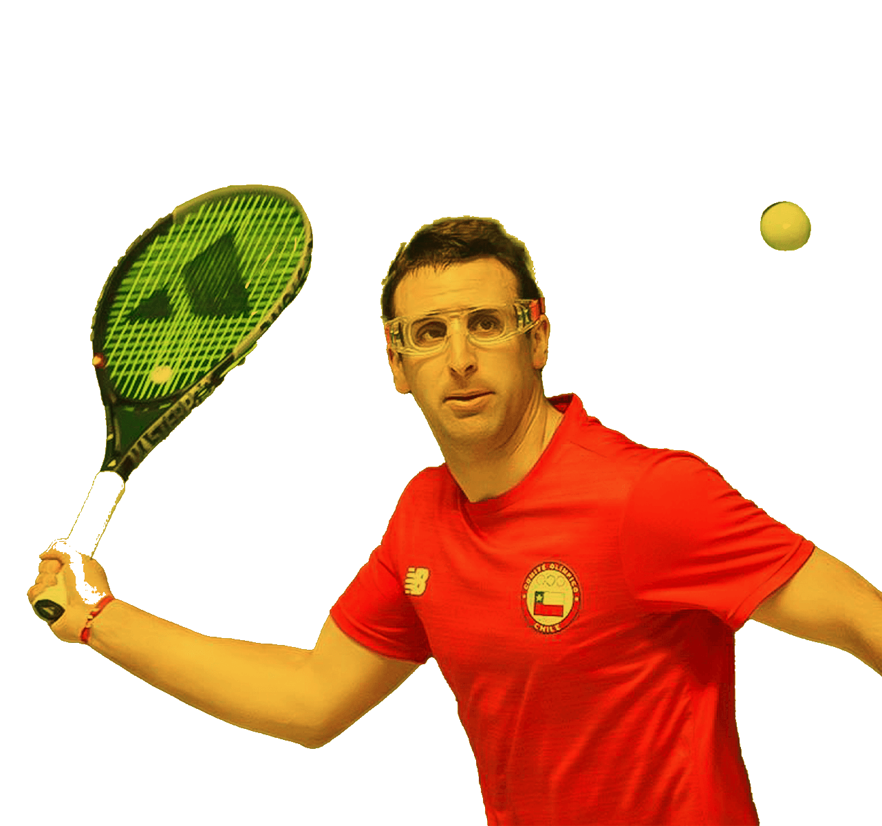 In the picture, a male basque pelota player about to hit the ball with his racket.