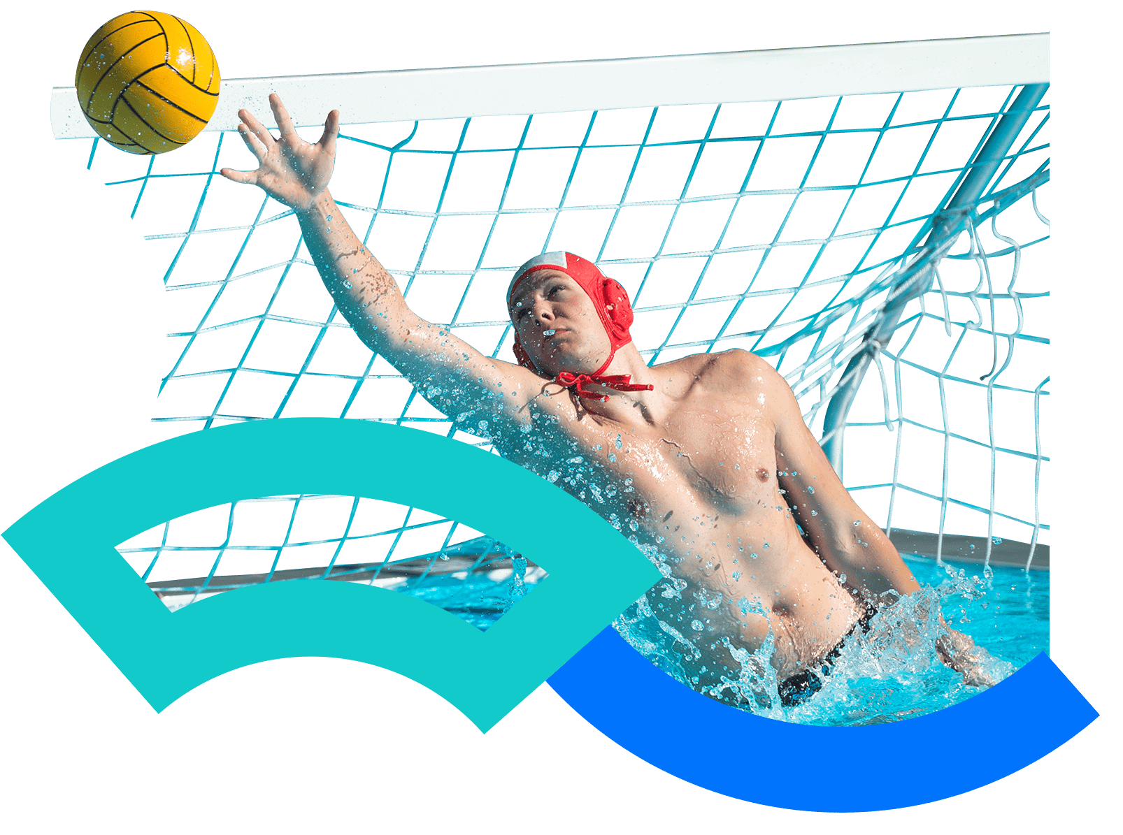 In the picture, a male water polo player catching the ball that is going straight to the net.