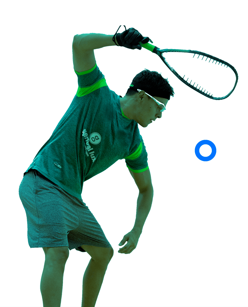 In the picture, a male racqetball player holding a racket.