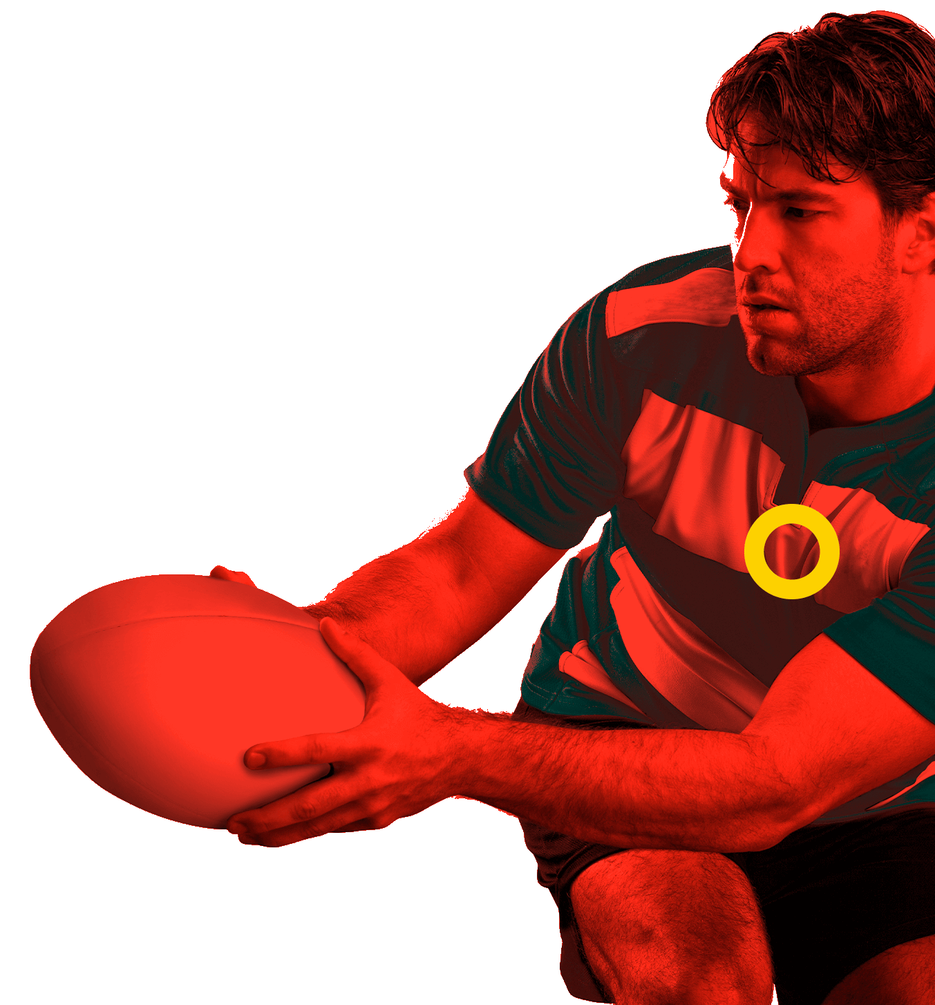 In the picture, a rugby player holding the rugby ball.