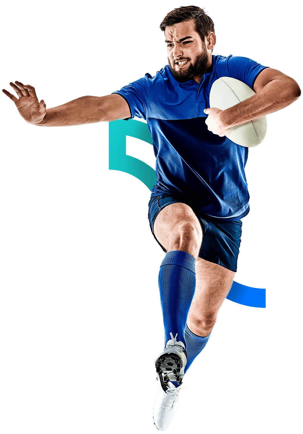 In the picture, a male rugby player holding the rugby ball making a gesture to keep the opponents away.