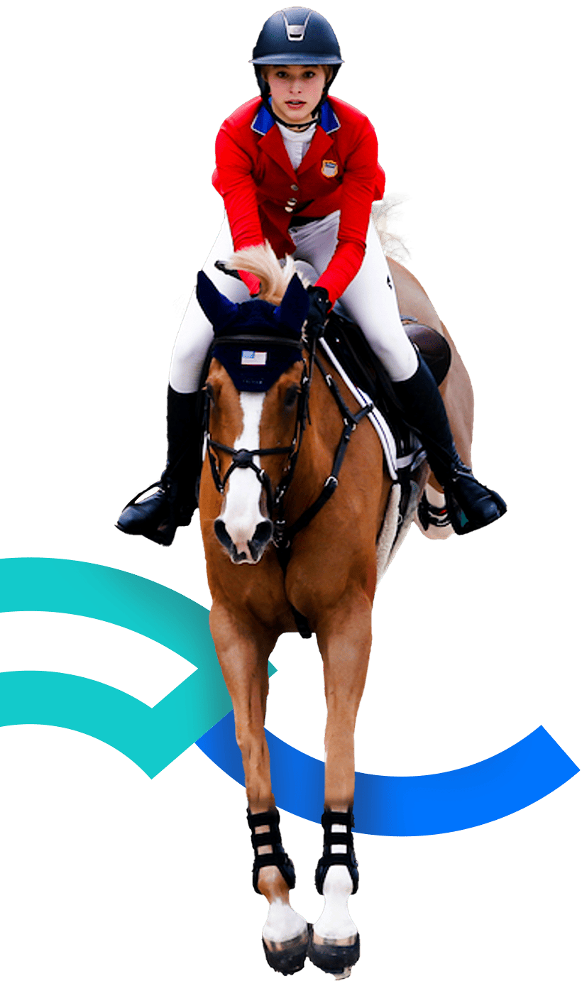 In the picture, a female jockey riding her horse after jumping.