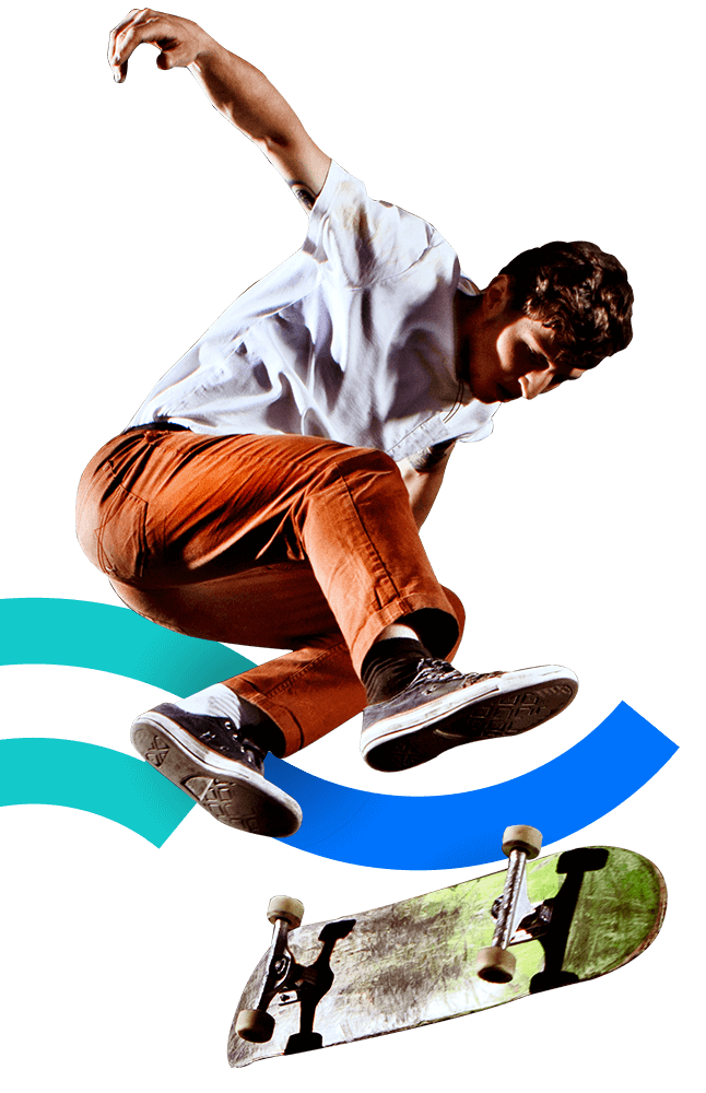 In the picture, a male skater making a stunt.