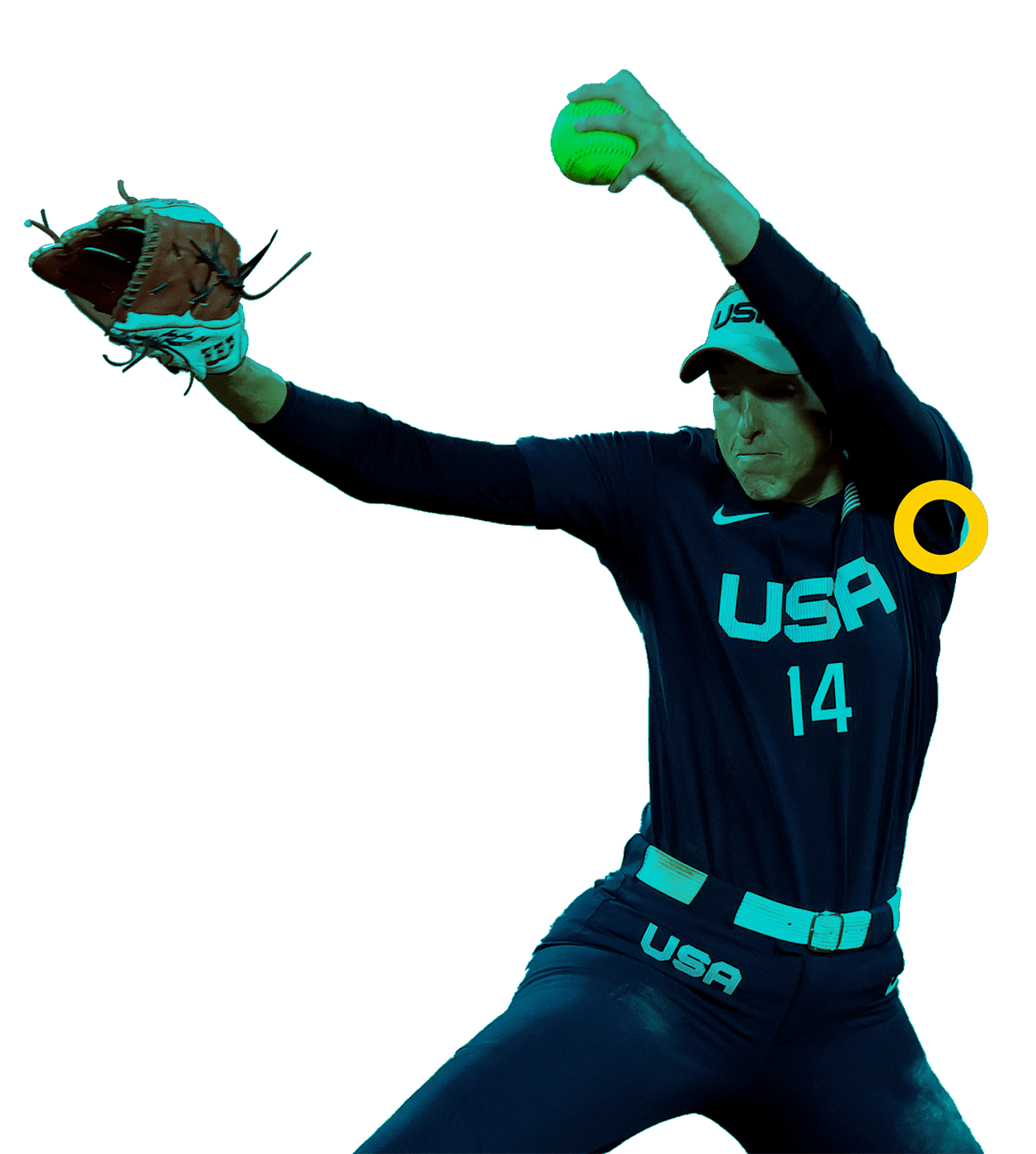 In the picture, a male softball player with the ball on his hand and on the other one his glove.