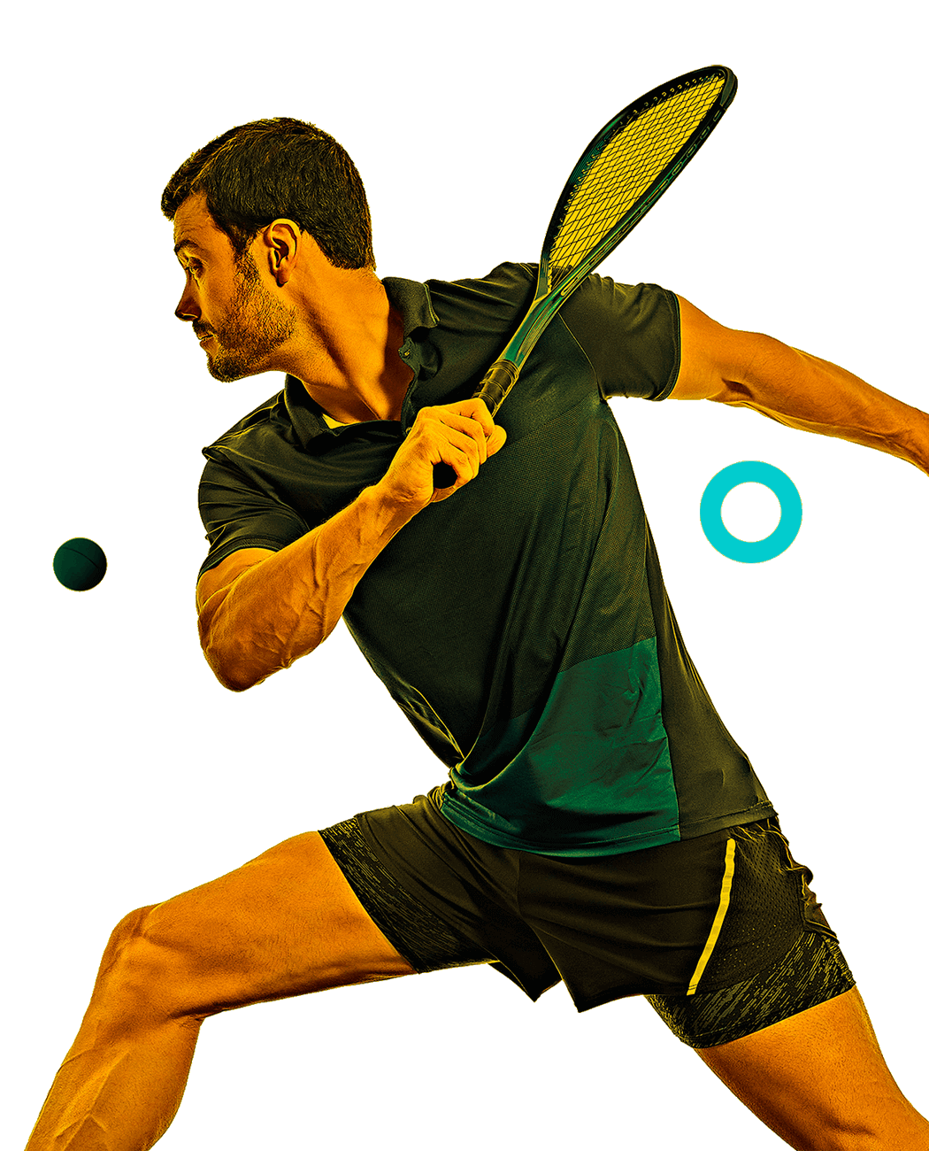 In the picture, a squash male player about to hit the ball.