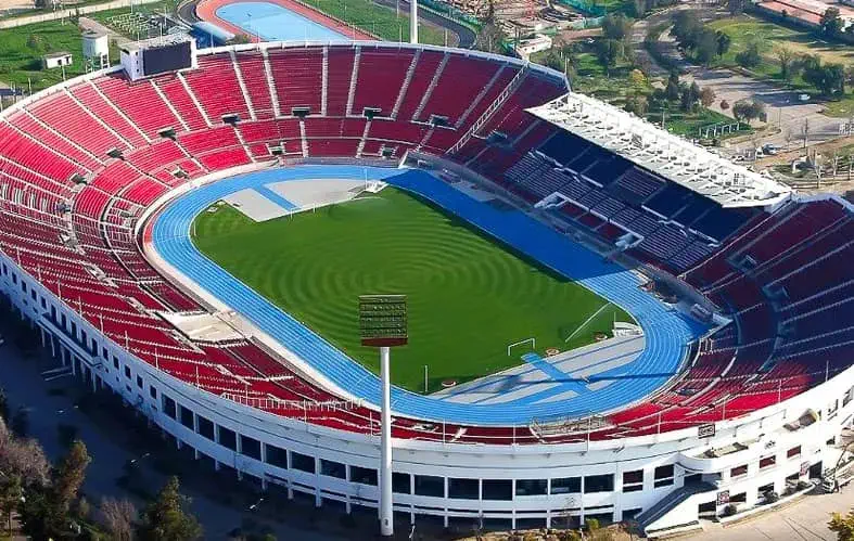 En la imagen podemos ver una panorámica aérea del Coliseo 
                                    del Estadio Nacional, donde se aprecia la cancha de fútbol 
                                    profesional rodeada de la pista atlética. Además, 
                                    aparece el sector norte, sur y central de las graderías.