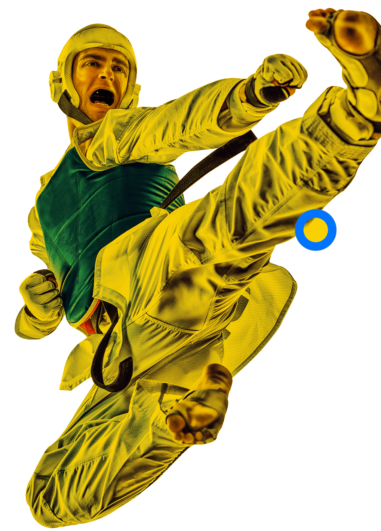 En la foto un taekwondista lanzando una patada voladora.