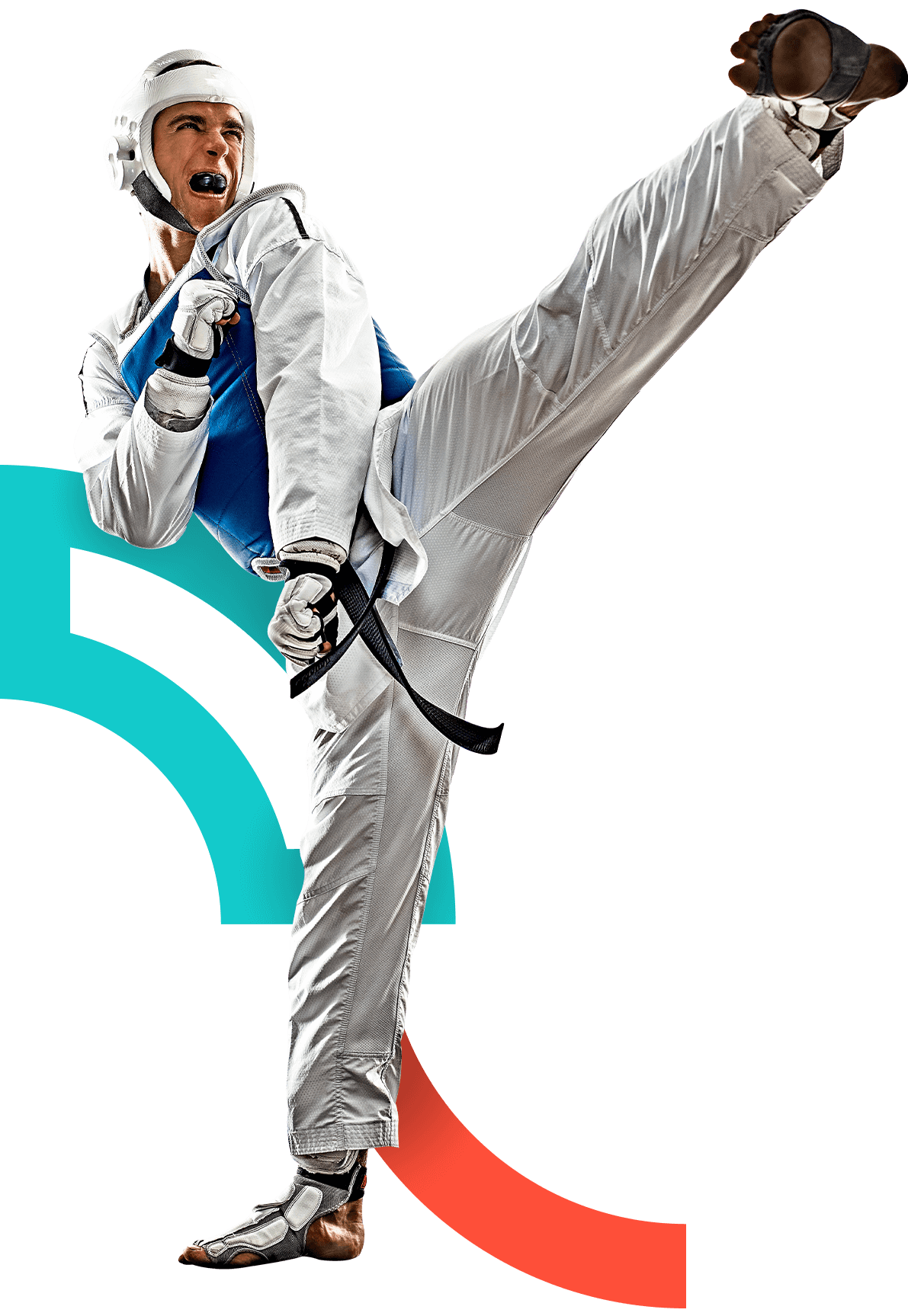 In the picture, a male taekwondo athlete making a high kick.