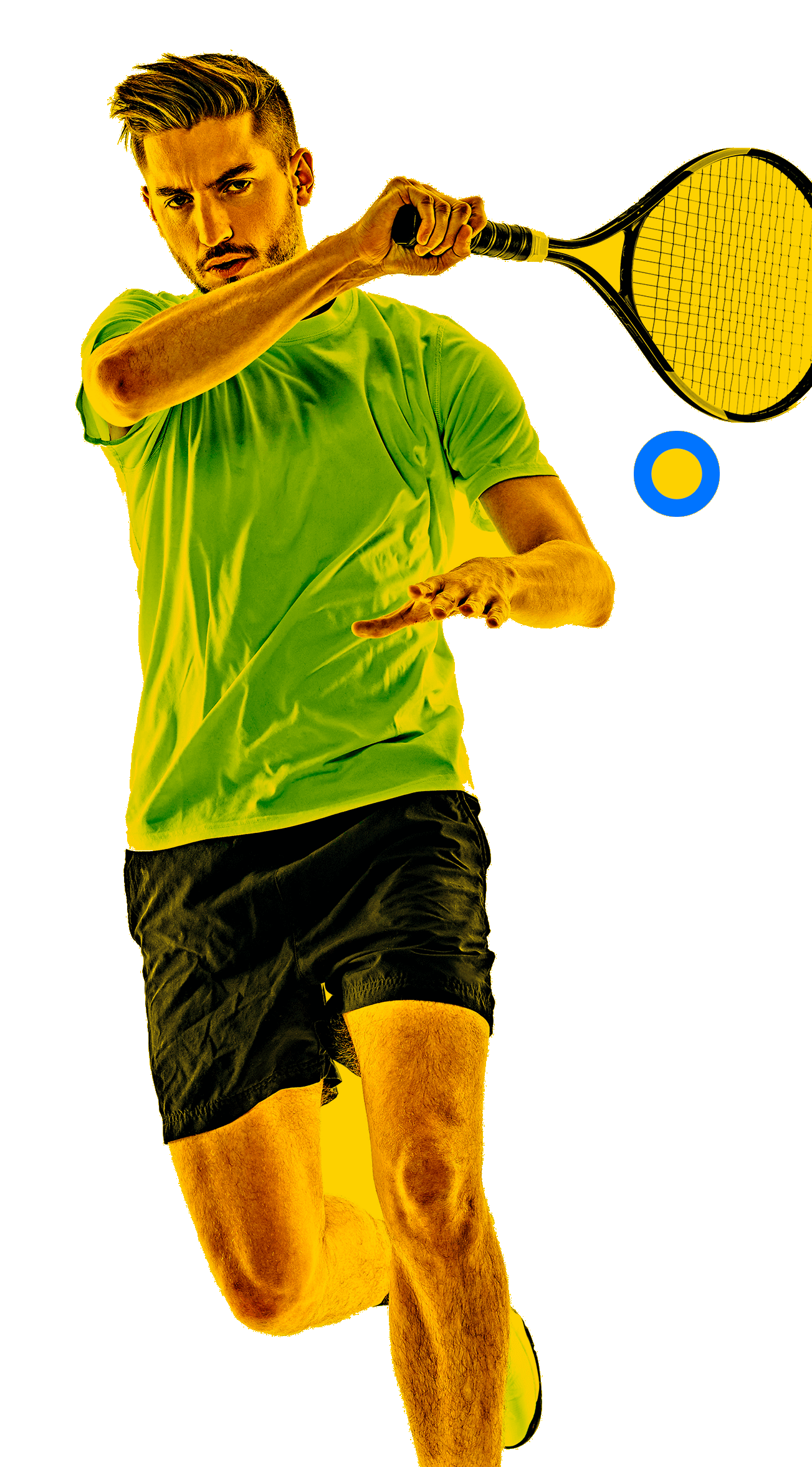 In the picture, a male tennis player hitting the ball.