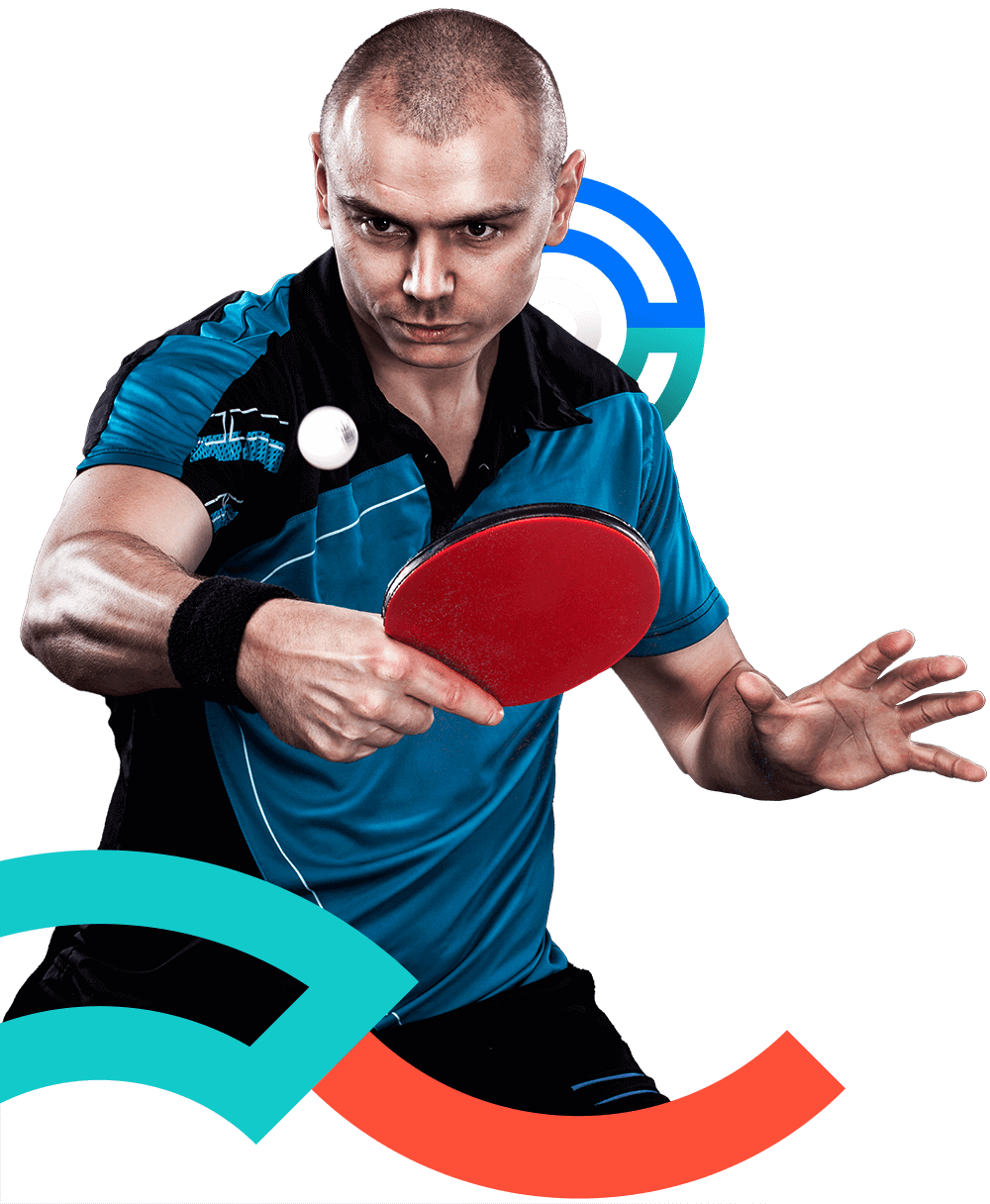 In the picture, a male table tennis athlete about to hit the ball.