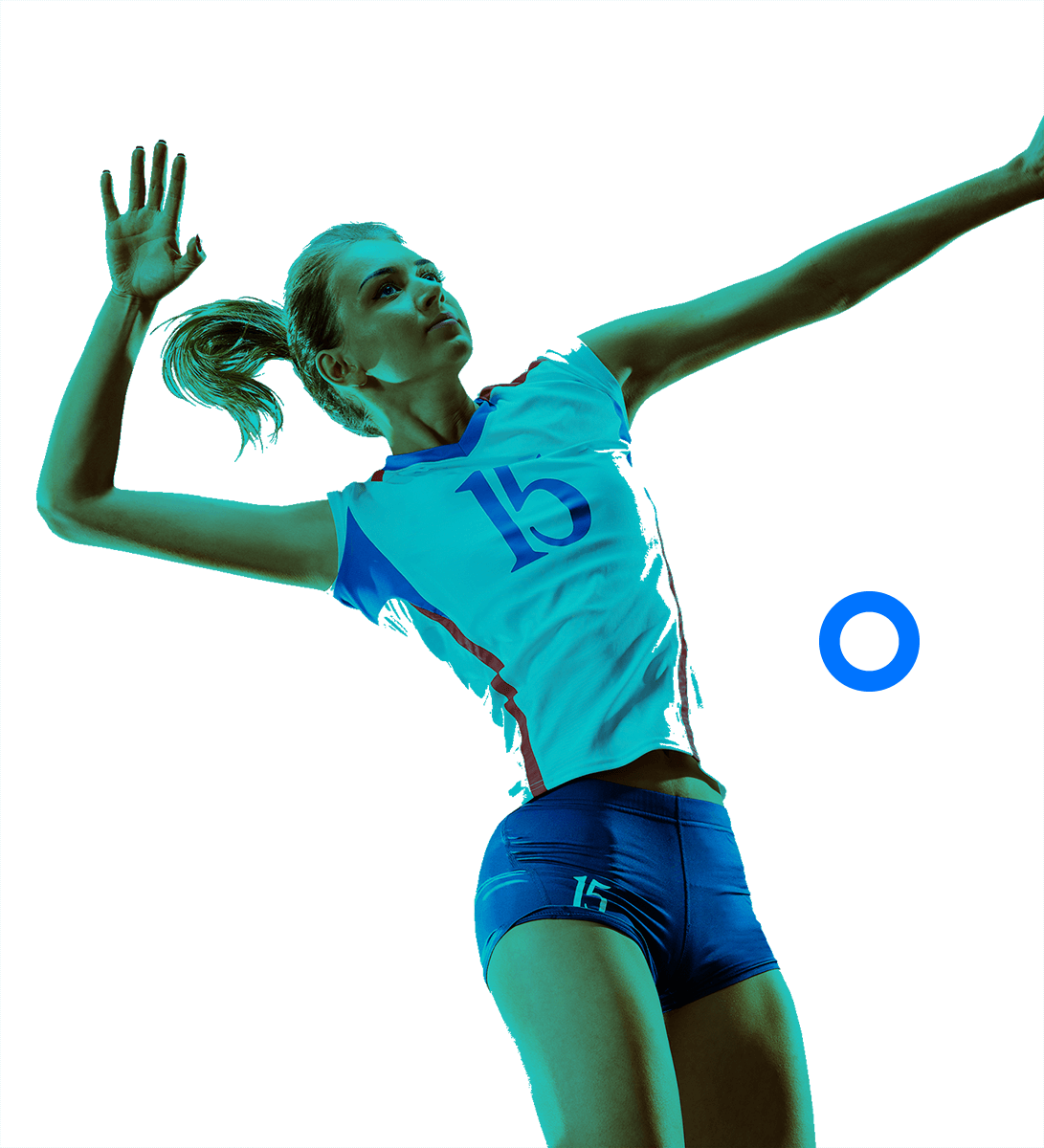 In the picture, a female volleyball player about to hit the ball.