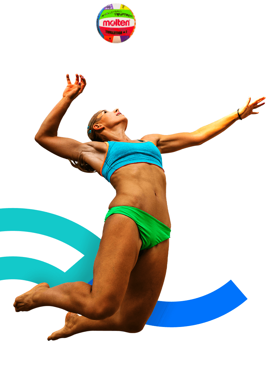 In the picture, a female beach volleyball player in the air about to hit the ball.